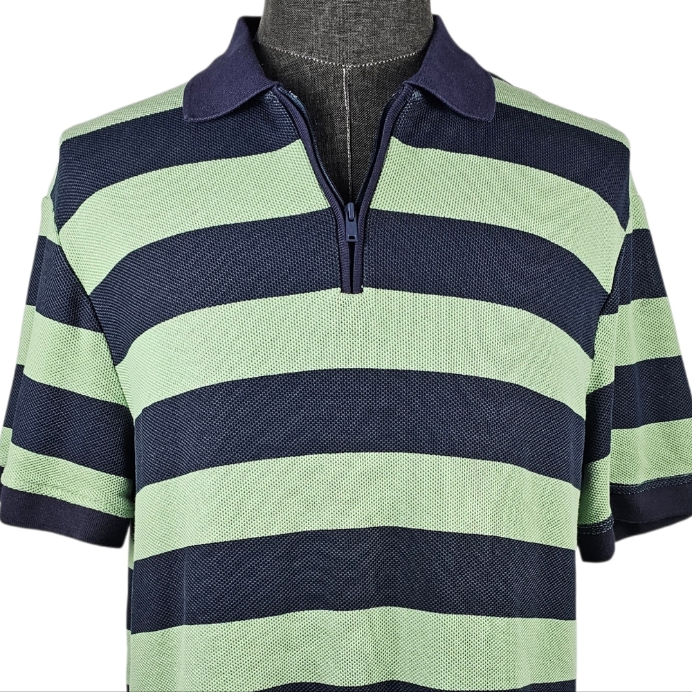 Zara Men's Green & Navy Stripe Short Sleeve Knit Quarter Zip Polo Casual Size XL